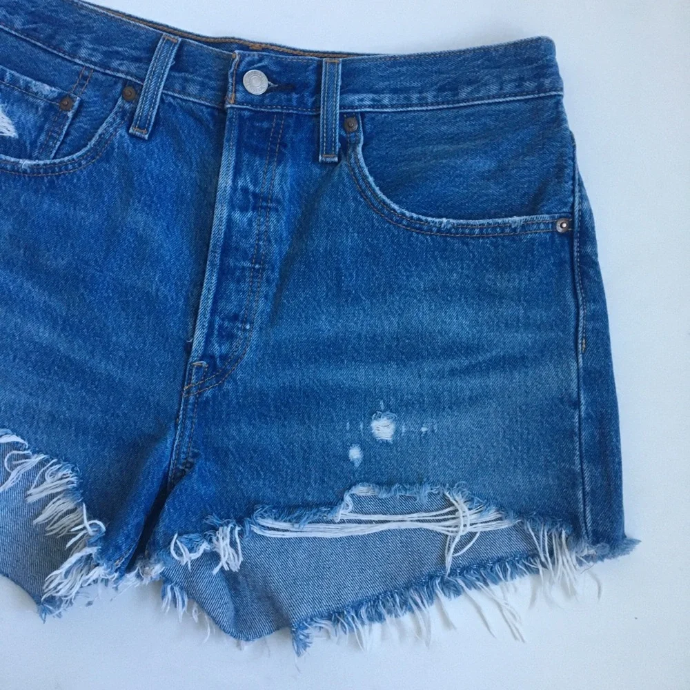 Levis Premium 501 High Rise Original Distressed Raw Hem Jean Shorts Size 30